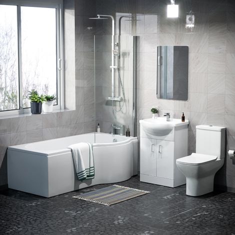Warton P-Shaped Right Hand Side Bath Set, Front Panel, Bath Screen, Rimless Open Back CC Toilet, 550mm Floor Standing Vanity Unit White, Taps & Shower (1/5)