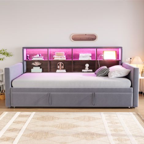 Canapé convertible 90x190 avec coffre de rangement, tête de lit lumineuse LED et ports USB, clic-clac avec tiroir, housse en velours côtelé, anthracite (1/5)
