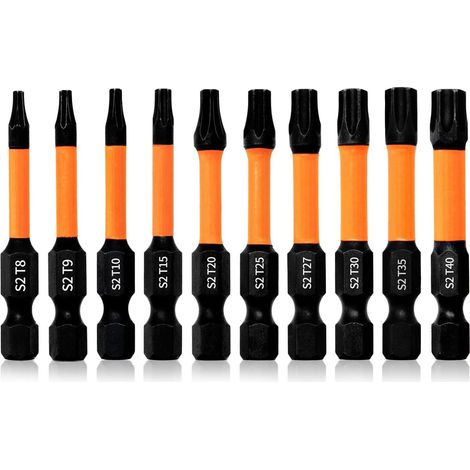 Jeu de 10 Embout Visseuse Torx Longueur 50mm Bit de Tournevis à Aimanté Choc T8 T9 T10 T15 T20 T25 T27 T30 T35 T40, Tige Hexagonale 1/4" (1/5)