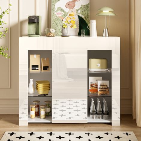 Buffet 95x35x83 cm avec façade brillante étagères en Verre porte rangement Panneau de particules Blanc (1/5)