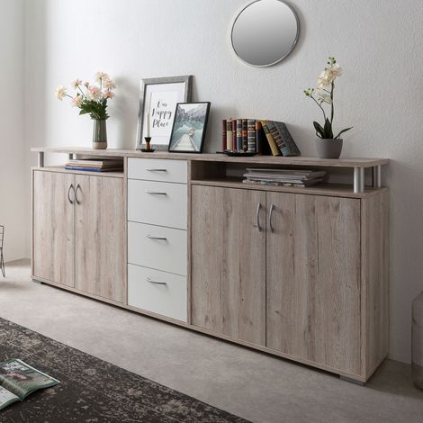 Buffet 2 portes 4 tiroirs 208x38,5x93,2 cm chêne et blanc