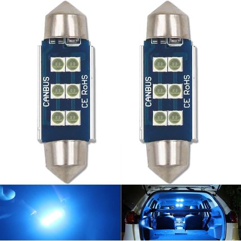 Lot de 2 ampoules LED Festoon C5W de 39 mm, 12 V-14 V Canbus sans erreur avec puce 6 LED SMD3030 pour intérieur de voiture, plafonnier, liseuse, coffre, etc. Bleu glacier (1/5)