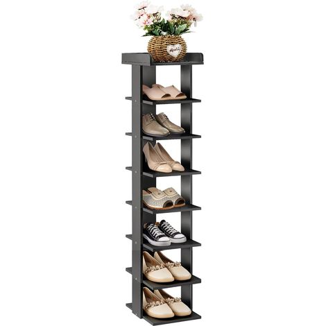 Youyijia Narrow Shoe Rack, 8-Tier Tall Shoe Rack Organiser, Slim Vertical Shoe Storage Cabinet Wooden Shelf Rack Shoe Tower Quick Assembly Free Standing Display Rack for Corner Entrance Black (1/5)