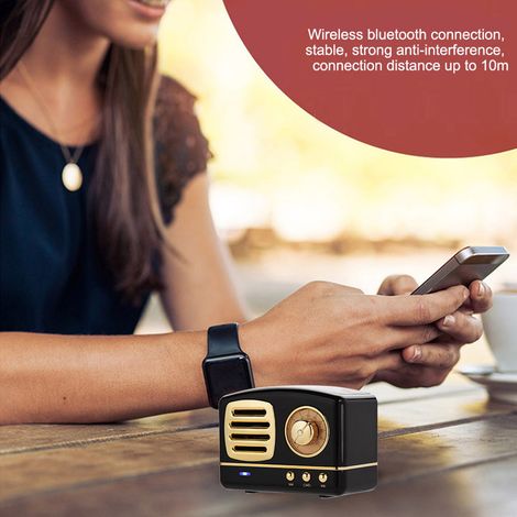Mini enceinte Bluetooth sans fil rétro, lecteur de musique portable avec caisson de basses (noir) (1/5)