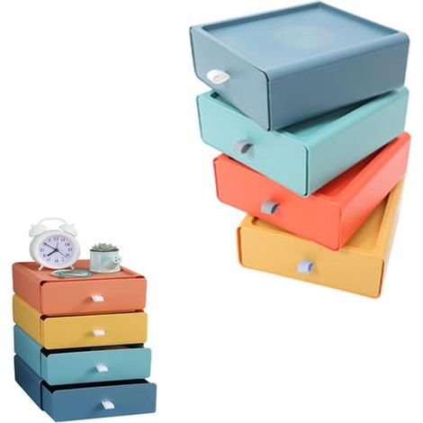 Organiseur de tiroir de bureau - Ensemble de 4 pièces, quatre couleurs - Organiseur empilable à 4 niveaux avec étiquettes (1/5)