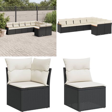 9-tlg. Garten-Sofagarnitur mit Kissen Schwarz Poly Rattan - Gartensortiment - Outdoor Möbeln - Lounge Set - Gartenlounge - Rattan Gartenmöbel - Home & Living