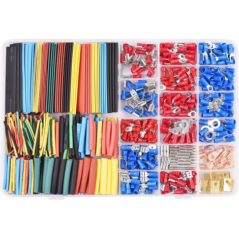 Kit de 678 cosses et gaines thermorétractables pour câbles automobiles : 350 cosses et connecteurs + 328 gaines thermorétractables en polyoléfine sans halogène. Cosses à sertir incluses dans une boîte (1/2)