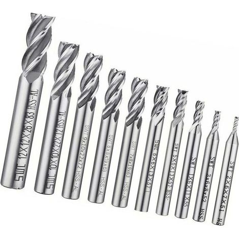 Lot de 10 forets à 4 cannelures - de 0,2 à 1,2 cm - Ensemble de forets à tige droite HSS CNC pour perceuse - Ensemble d'outils pour bois, aluminium, acier et titane-DOU (1/5)