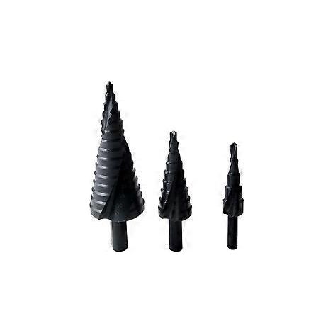 Jeu de 3 forets étagés 4-12 mm / 4-20 mm / 4-32 mm, forets à goujure hélicoïdale HSS à poignée triangulaire nitrurée pour acier au carbone, tôles et isolants. (1/3)