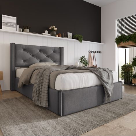 Cama con almacenamiento tapizada de algodón gris 90x200 cm, somier de láminas, arcón elevable y colchón incluido (1/5)