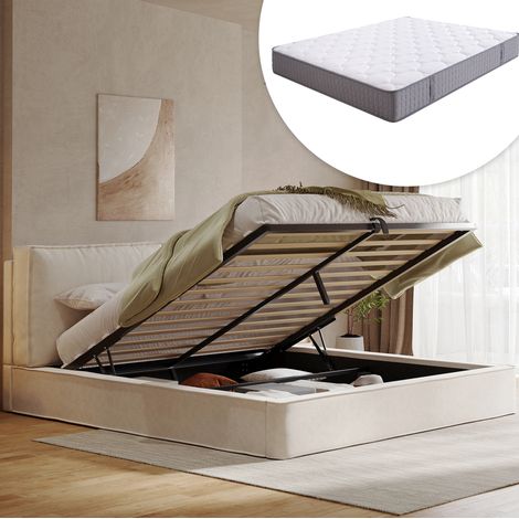 Cama doble moderna de chenilla beige 180x200 cm con cabecero tapizado, somier de láminas, arcón hidráulico y colchón incluido (1/5)