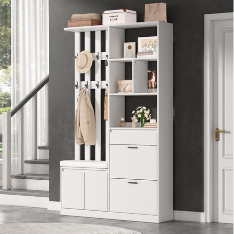 Eingangsflur-Schrank 120 x 30 x 200 cm mit Bank, Schuhregal und Haken HAVRYA (1/5)