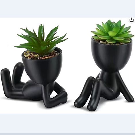 2 piante succulente artificiali a forma umana, vaso in ceramica nera, piante verdi finte per decorare l'ufficio, il balcone e il soggiorno.