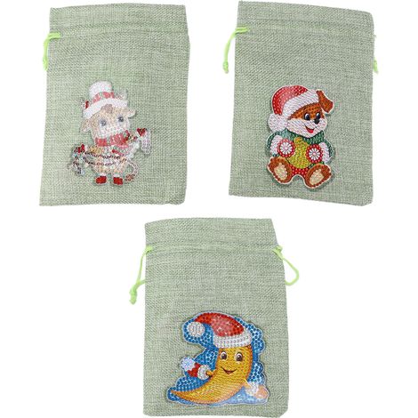 Lot de 3 sacs de Noël refermables en lin, joli motif, en toile de jute légère, parfaits pour les fêtes.