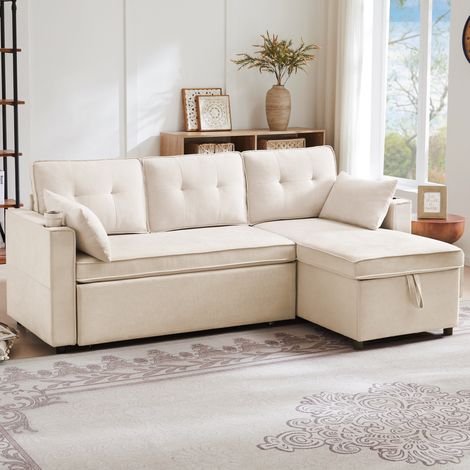 Canapé-lit avec fonction couchage, canapé d’angle en L, design moderne, meuble rembourré, canapé, fauteuil lounge avec rangement et porte-gobelets, canapé-lit pour salon, réversible gauche/droite (1/5)