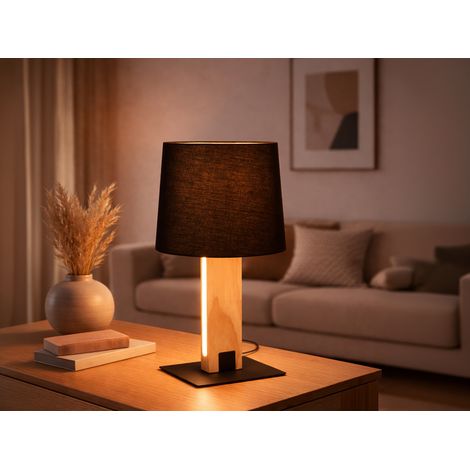 Tischleuchte RAHUL mit beleuchtetem Holzfuß und Stoffschirm, Höhe 50cm