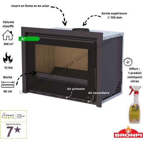 Bronpi – Insert à bois Cairo 70 I – Puissance 15 kW – Rendement 81% – Pour espaces jusqu'à 300 m³ – Dimensions 542 x 695 x 451 mm