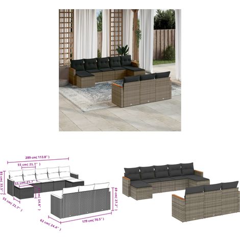 Salon de jardin avec coussins 10 pcs gris résine tressée - Salon De Jardin - Meuble De Jardin - Canapé Extérieur - Ensemble Salon - Rattan Imitation - Home & Living (1/3)