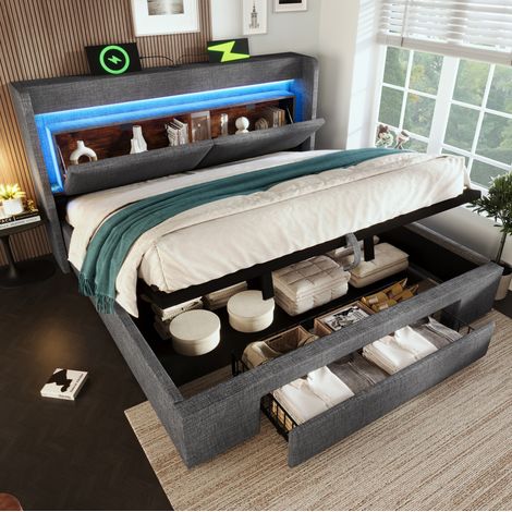 Cama tapizada 180/200 cm gris de lino con almacenaje hidráulico, LED y puertos USB y USB-C (1/5)