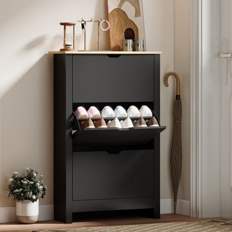 Schuhschrank mit 3 Klapptüren, 2 Fächern, schwarze Eichenspanplatte (1/5)