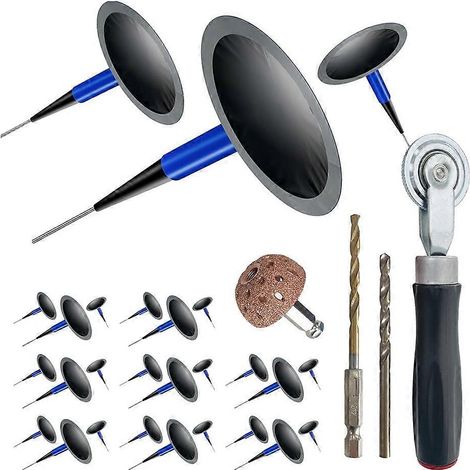 Kit de réparation de pneus de voiture comprenant 24 rustines champignon, une roue de polissage en tungstène, un rouleau et des forets de 4 mm. (1/5)