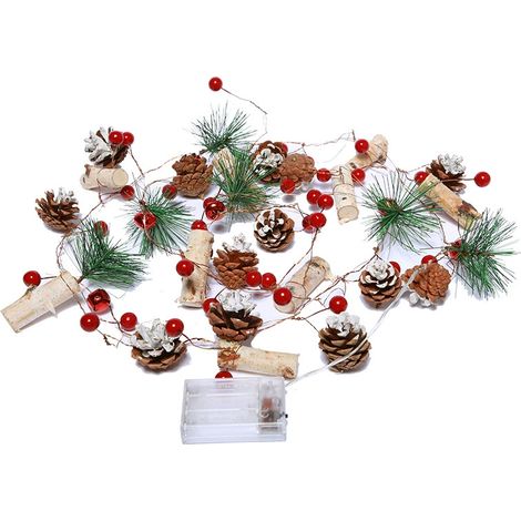 guirnalda de luces LED, 200 cm, bayas rojas, piñas, para exteriores, Navidad (1/5)