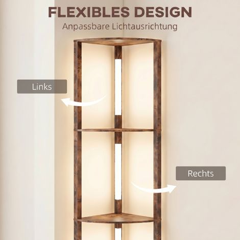 Lampe sur pied en bois rustique brun avec étagères, moderne, 5 niveaux de luminosité, variateur intégré, interrupteur au pied, 3 intensités, design scandinave. (1/5)
