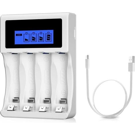 White Battery Charger, AA/AAA Charger with Large LCD Screen, 4 Charging Slots, Universal Fast Battery Charger, for Ni-MH and Ni-CD Batteries, for AA and AAA Rechargeable Batteries (1/4)