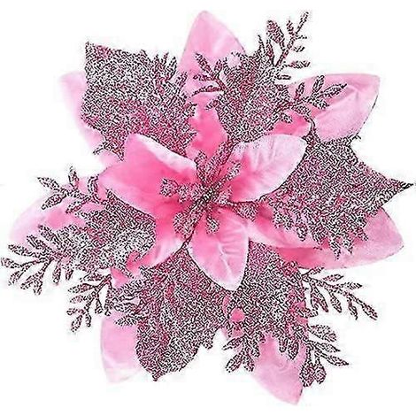2024 20 Stück Glitzernde Weihnachtssternblüten mit Clips, Glitzernde Weihnachtssternblüten für Weihnachtsbaumschmuck (Rosa) SV (1/5)