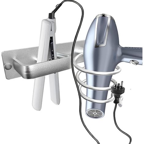 Haartrocknerhalter, Aufbewahrungsgestell aus Aluminium für Haarstylinggeräte, Wandhalterung für Lockenstäbe, geeignet für Badezimmer und Hotels, silberfarben. (1/5)