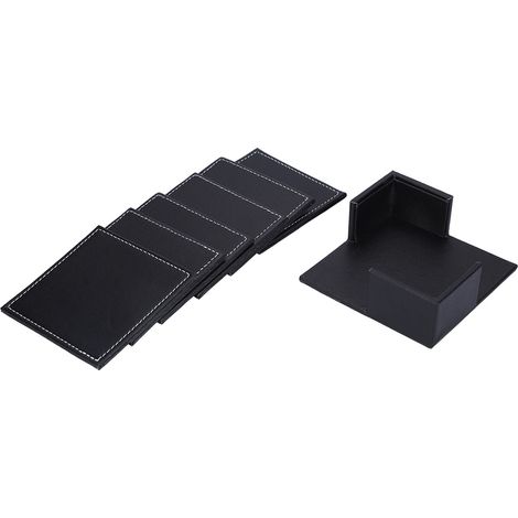 Set mit 6 schwarzen Untersetzern aus Kunstleder mit Halter, quadratische Tischschoner (1/5)
