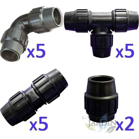 Lot Arrosage 25mm: 5 tés + 5 coudes + 5 jonctions + 2 bouchons. Raccord en polyéthylène pour tuyaux agricole