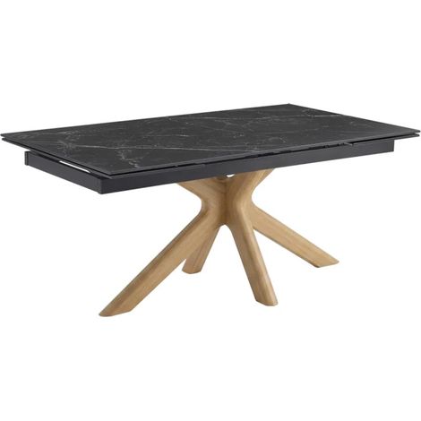 Table extensible 160 à 240 cm céramique noir marbré pied croisé bois clair - INDIANA 12