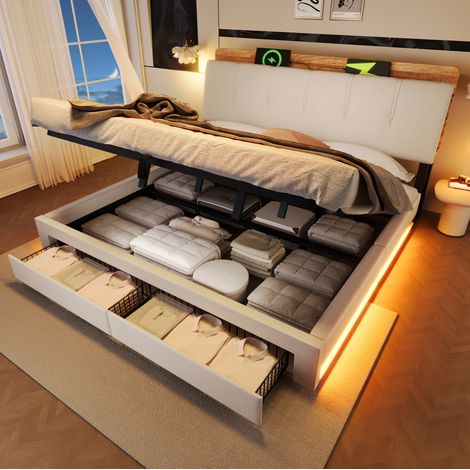 Bett Doppelbett Stauraum 180x200 Leinen Beige OKMYHOME (1/5)