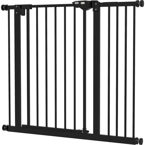 Türschutzgitter Hunde, Absperrgitter, 74-80/87-94 cm, Treppenschutzgitter für Haustier, Hundegitter inkl. verschiedene Verlängerungen, Schutzgitter ohne Bohren, Metall, Kunststoff, Schwarz 