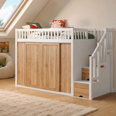 Cama alta infantil 90x200 cm de madera y MDF blanco y roble, sin colchón – MEUBLIV (1/5)