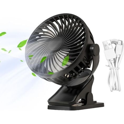 Ventilatore da comodino nero con clip, piccolo ventilatore multifunzionale ricaricabile per passeggini, viaggi, ufficio, camera da letto (1/4)