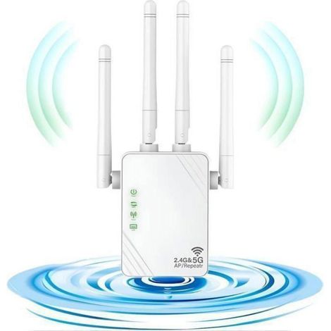 Répéteur WiFi Puissant 1200Mbps, Amplificateur WiFi Double Bande 5GHz & 2.4GHz Booster WiFi,WiFi Extender,2 Ports LAN,4 Antennes (1/5)