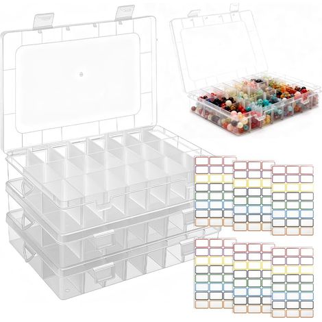 Juego de 3 cajas de almacenamiento de plástico con 24 compartimentos, cajas clasificadoras para objetos pequeños, cajas surtidoras de plástico ajustables con etiquetas autoadhesivas para pendientes. (1/5)