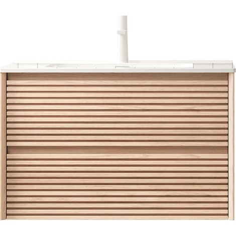 Hängender Badunterschrank 81 cm mit weißem Keramikwaschbecken, 2 Schubladen, Walnussoptik (1/5)