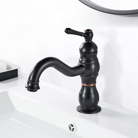 Robinet Lavabo Noir Rétro, Pivotant à 360° Robinet Salle Bain, Monocommande Mitigeur Lavabo en Laiton, Rétro Robinets de Lavabo avec Chaude et Froide Réglable, 3/8'' Installation Standard (1/5)