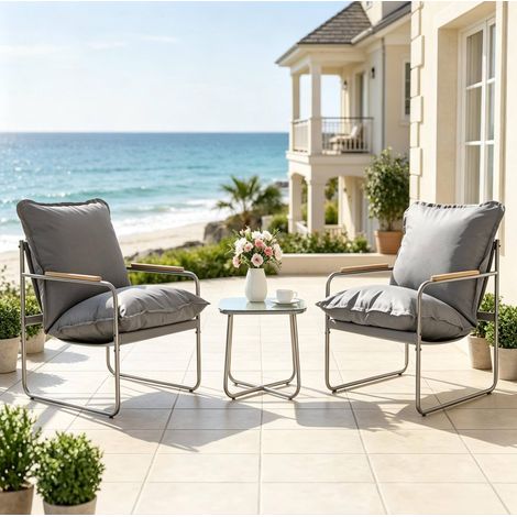 Conjunto de muebles de jardín de 3 piezas gris con mesa de vidrio y sillas de metal (1/4)