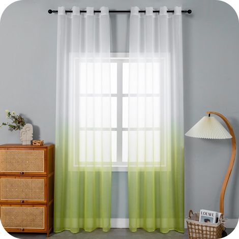 Paire de rideaux voile semi-transparents, couleur dégradée, blanc et vert, rideau pour salon, chambre, cuisine, intérieur, 2 panneaux avec œillets 140 x 275 cm (1/5)