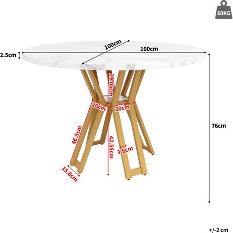 Table ronde 100x100x76 cm, légère et chic, convient à 4-6 convives, parfaite pour salle à manger ou séjour. Pieds laiton doré, plan en panneau MDF imitation marbre. (1/5)