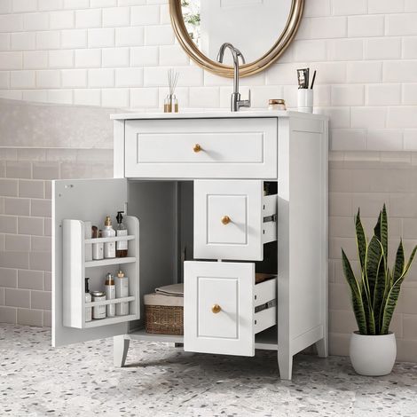 Meuble vasque salle de bain blanc MDF 61 cm avec vasque céramique (1/5)