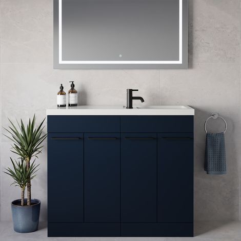 Napoli 250 Deep Blue 1000mm 4 Door Vanity Unit with Square Silvo Basin - 1000mm - Matt Black 160mm Handle