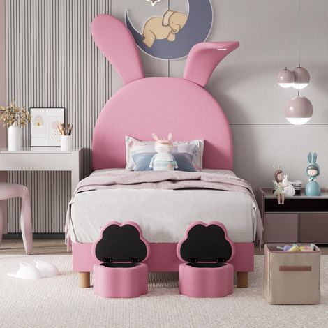 , Lit capitonné 90x200cm,  avec deux tabourets de rangement,  éclairage de chevet LED,  oreilles de lapin dépliables,  sans matelas,  lit enfant,  sommier à lattes,  tête de lit réglable en hauteur...