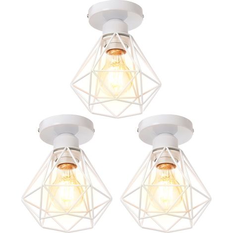 Plafonnier Cage Diamant - E27 - 16 cm - Blanc - Style Rétro Industriel - Suspension pour Couloir Escalier Chambre - 3 Pièces