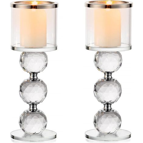 Kristall Kerzenständer Set 2 Stück, Glas Stabkerzenhalter für Tischdeko, Silber (1/5)