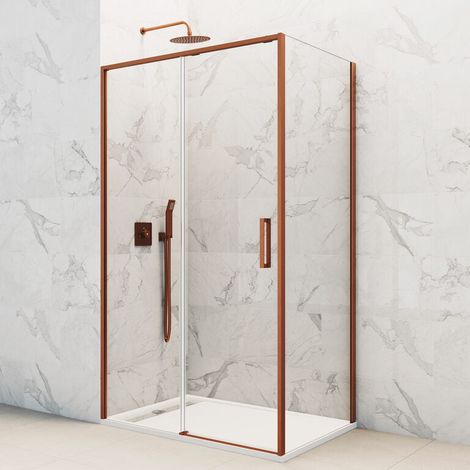 TWENTY paroi de douche d’angle avec porte coulissante, panneau fixe frontal et retour fixe, 160x80 cm, verre transparent, finition cuivre (1/5)